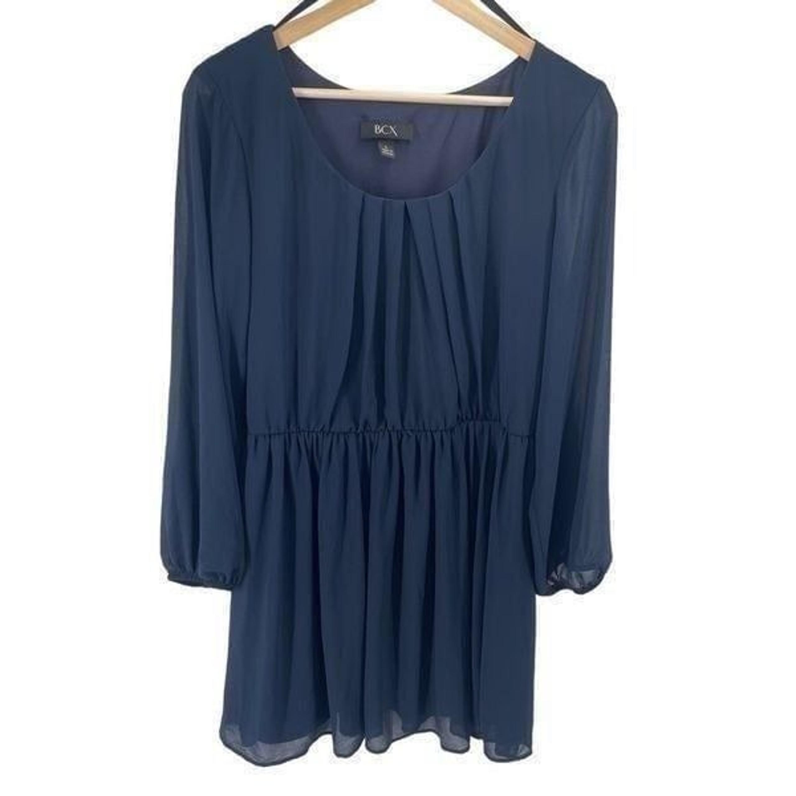 BCX Womens Long Sleeve Dress Pleated Mini Lined Chiffon Navy Blue Large