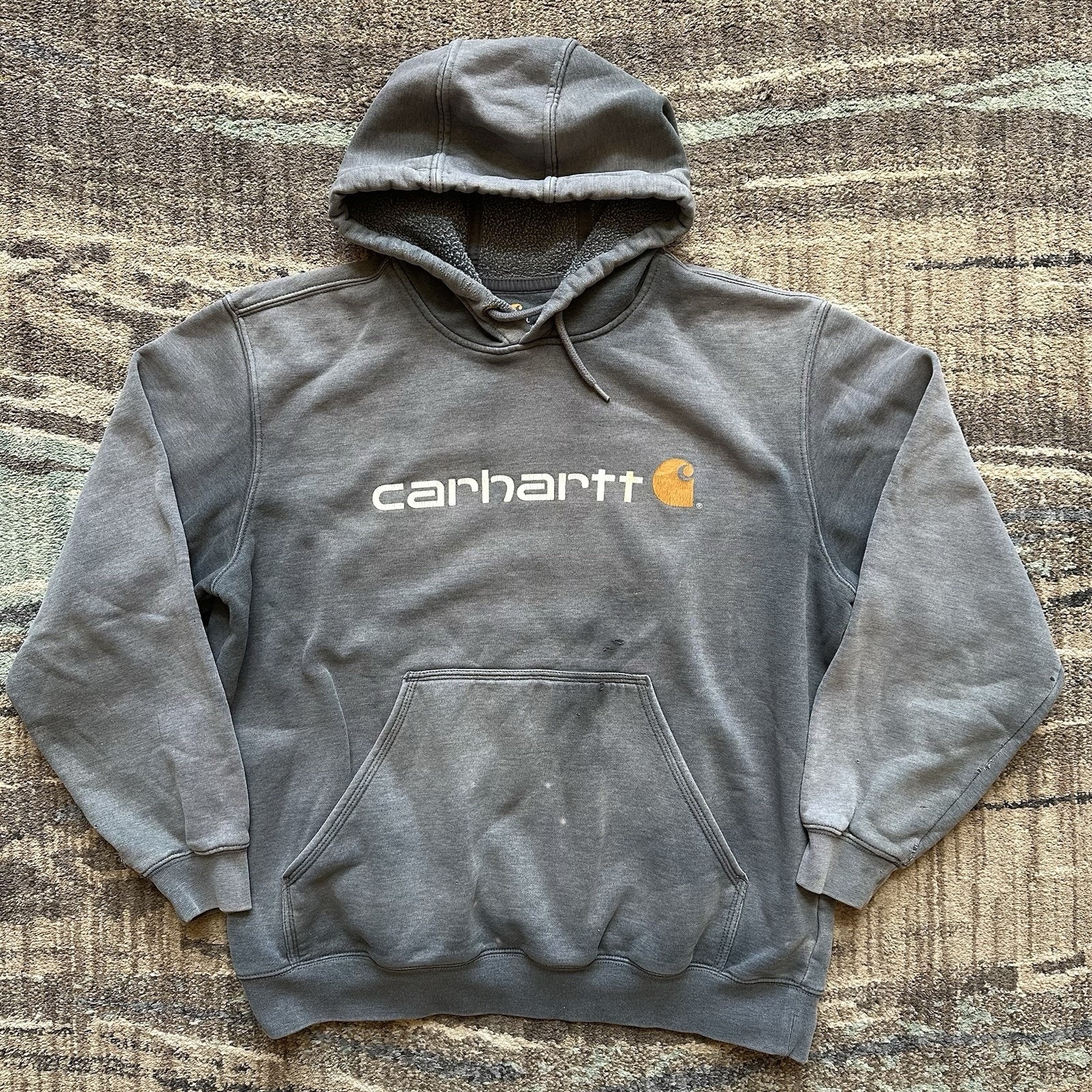 Men's Carhartt Midweight Heather Gray Logo Faded Graphic Hoodie Sweatshirt Sz L