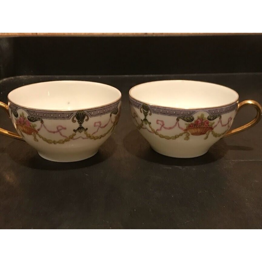 Limoges France for Murray Kay Toronto tea cups floral swag white purple pink