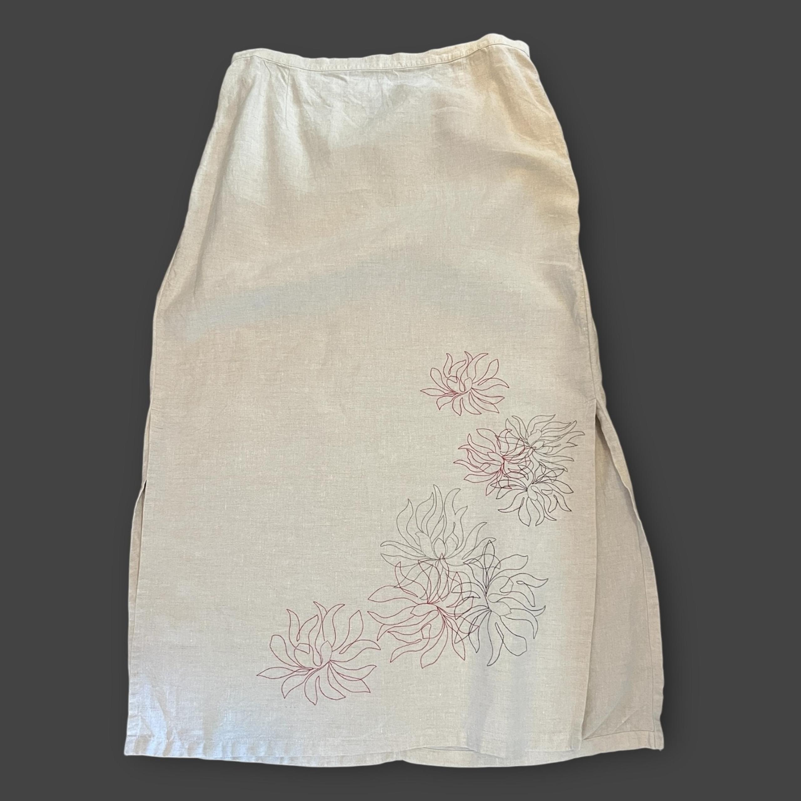 Vintage 90s Cream Linen Midi Skirt Floral Embroidery Jeans Co Size 14/16 - Venezia