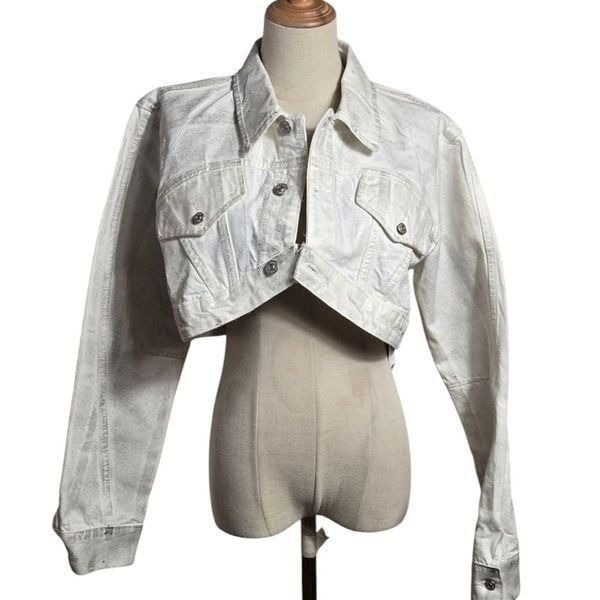 Zara White and Silver Metallic Brushed Cropped Denim Jacket NWT
