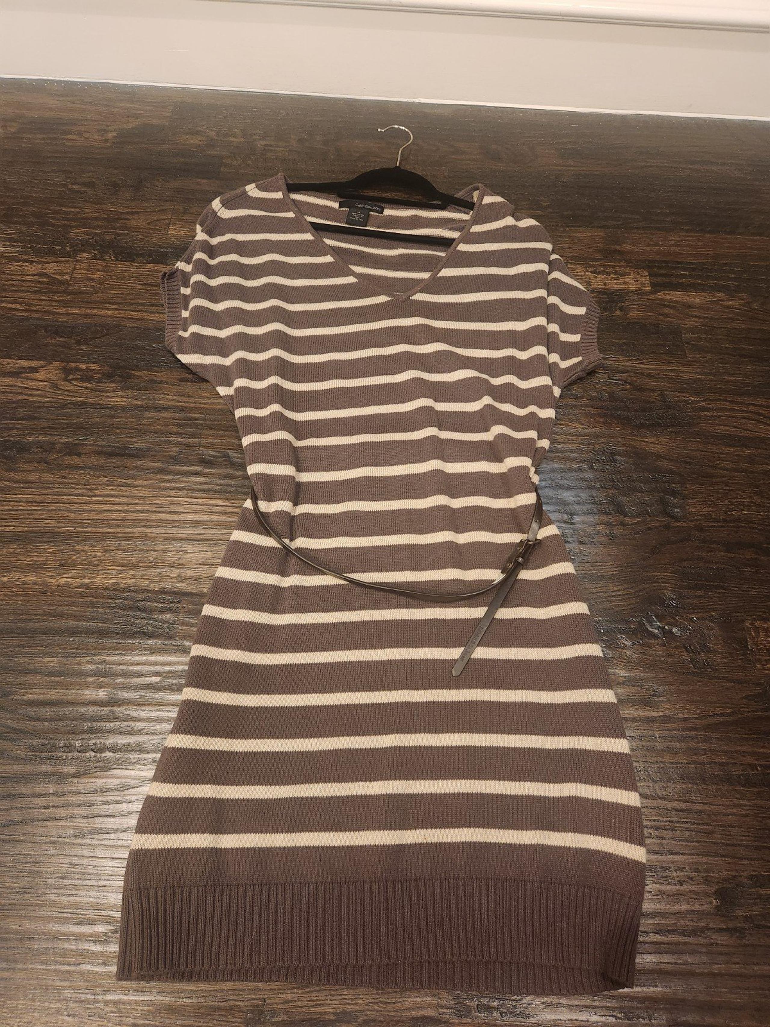 Calvin Klein Brown Ivory Striped Sweater Dress SZ L Cap Slv Cotton Blend Stretch