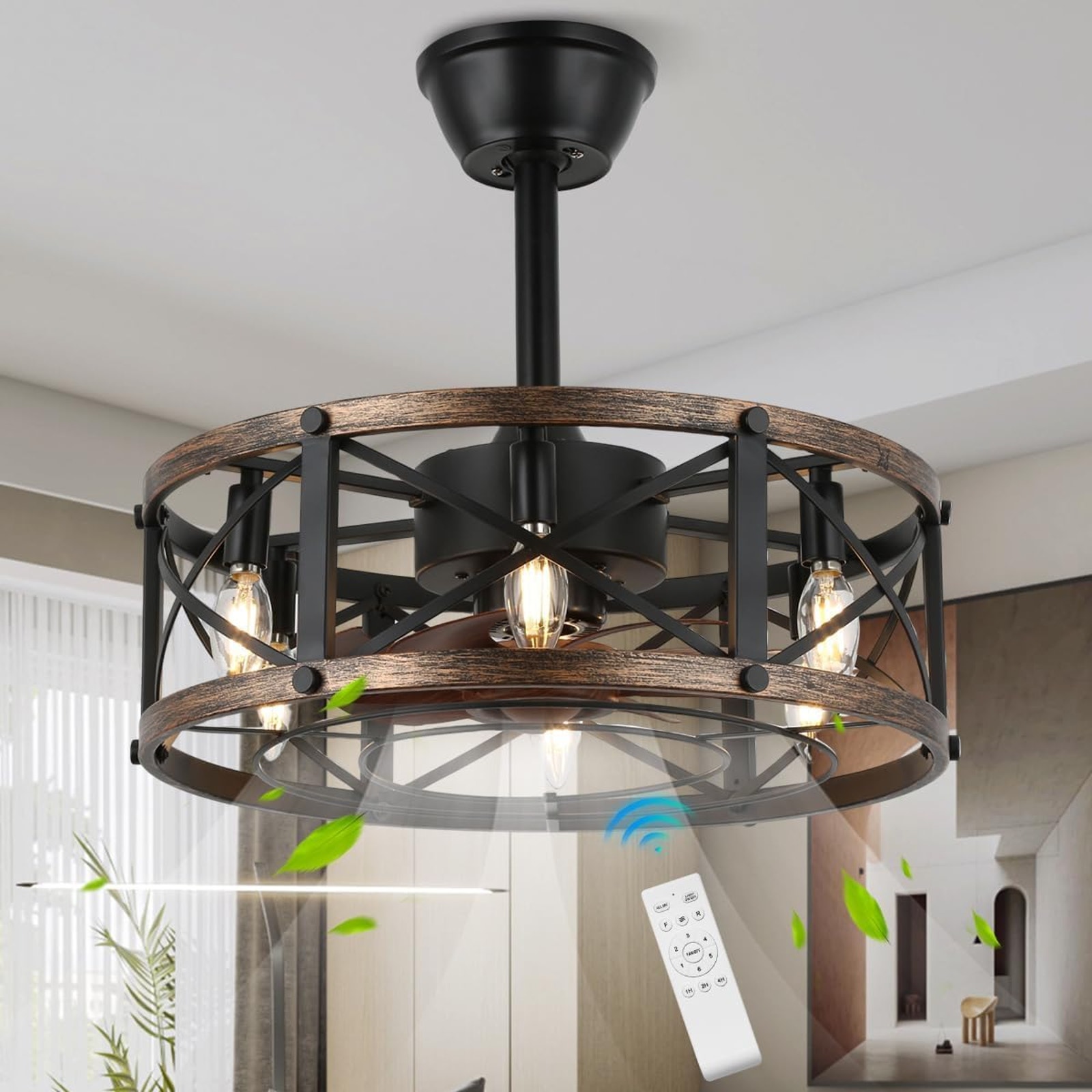 Schluce 19 Farmhouse Ceiling Fan w/ Light & Remote (Fandelier) – New