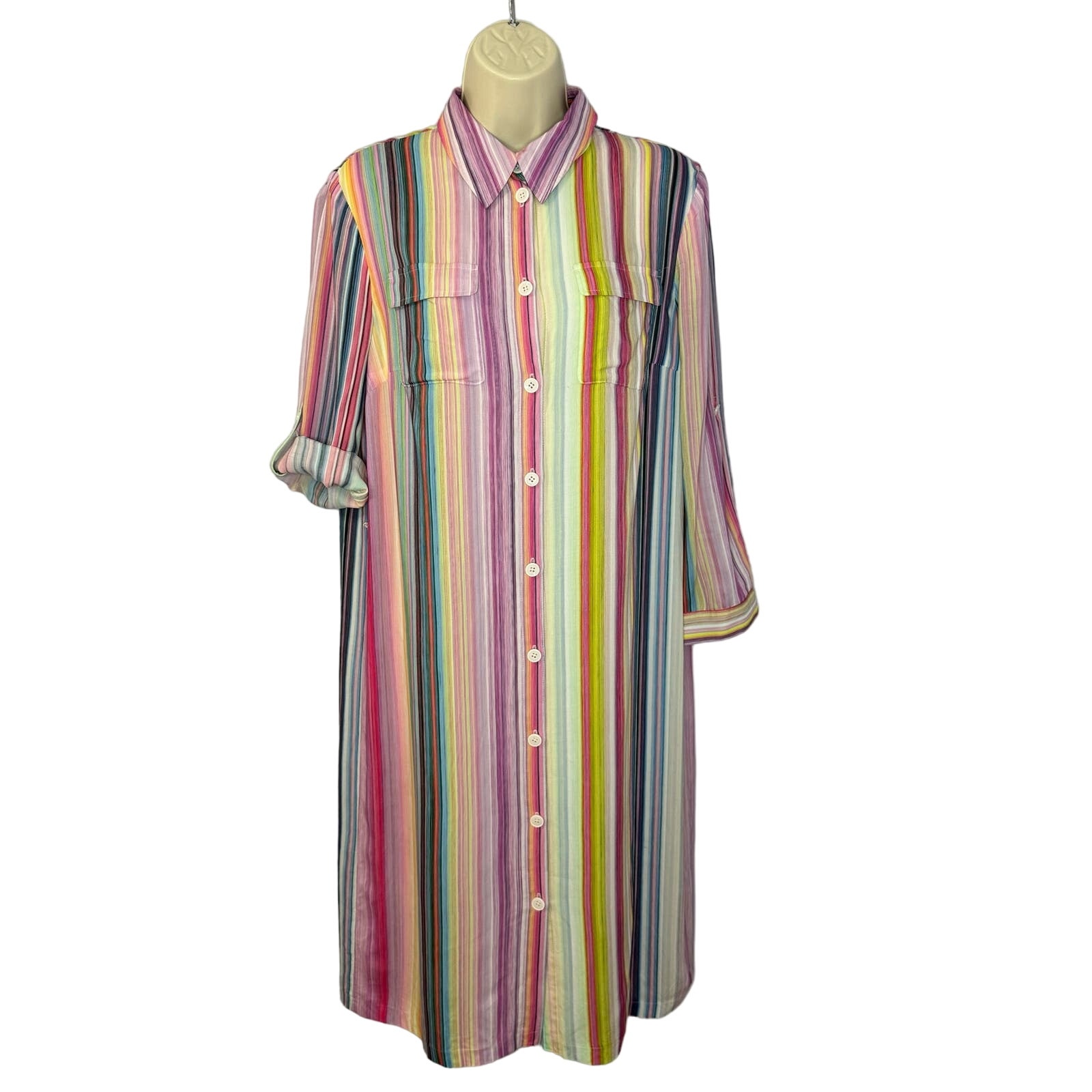 Basler Multicolor Stripe Shirt Dress Rool up Sleeve Tie Waist Lightweight S