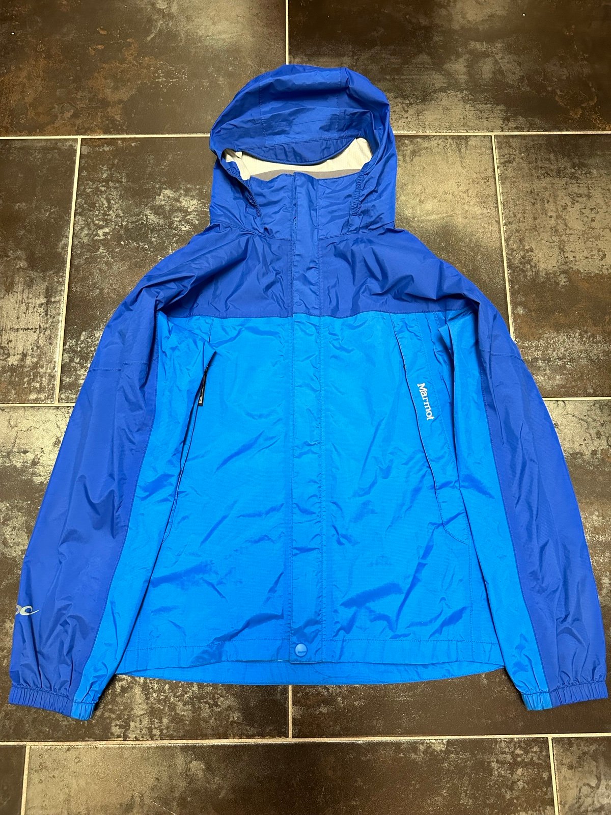 Q48 Marmot Rain Coat Windbreaker Youth XL Blue Hood Full Zip Pockets