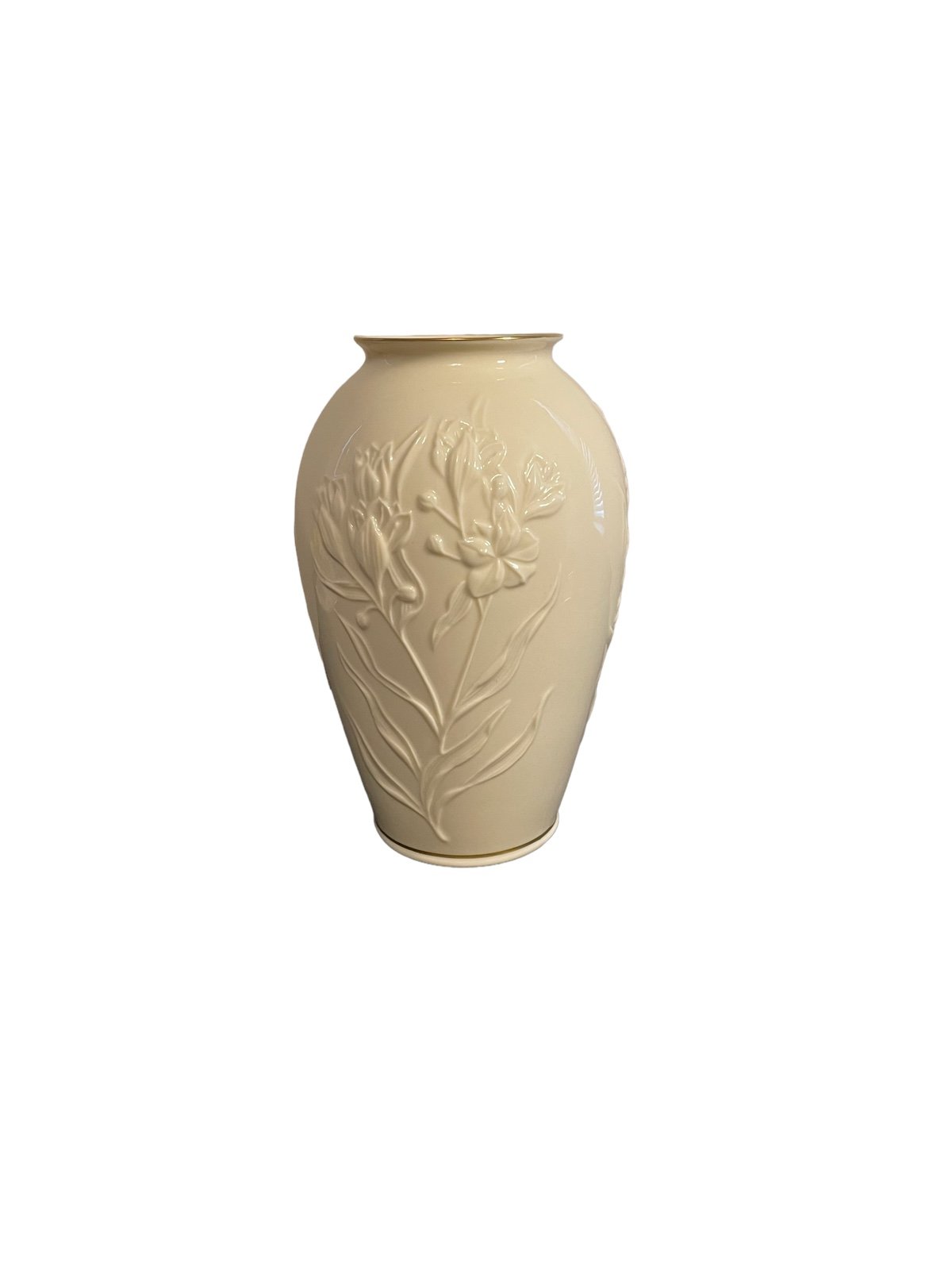 Lenox China Masterpiece Ivory vase with embossed Iris Flowers gold trim