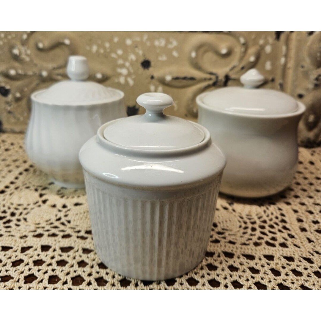 Lot of 3 Unique Varieties of Gibson Housewares White Vanity Jars w/ Lids