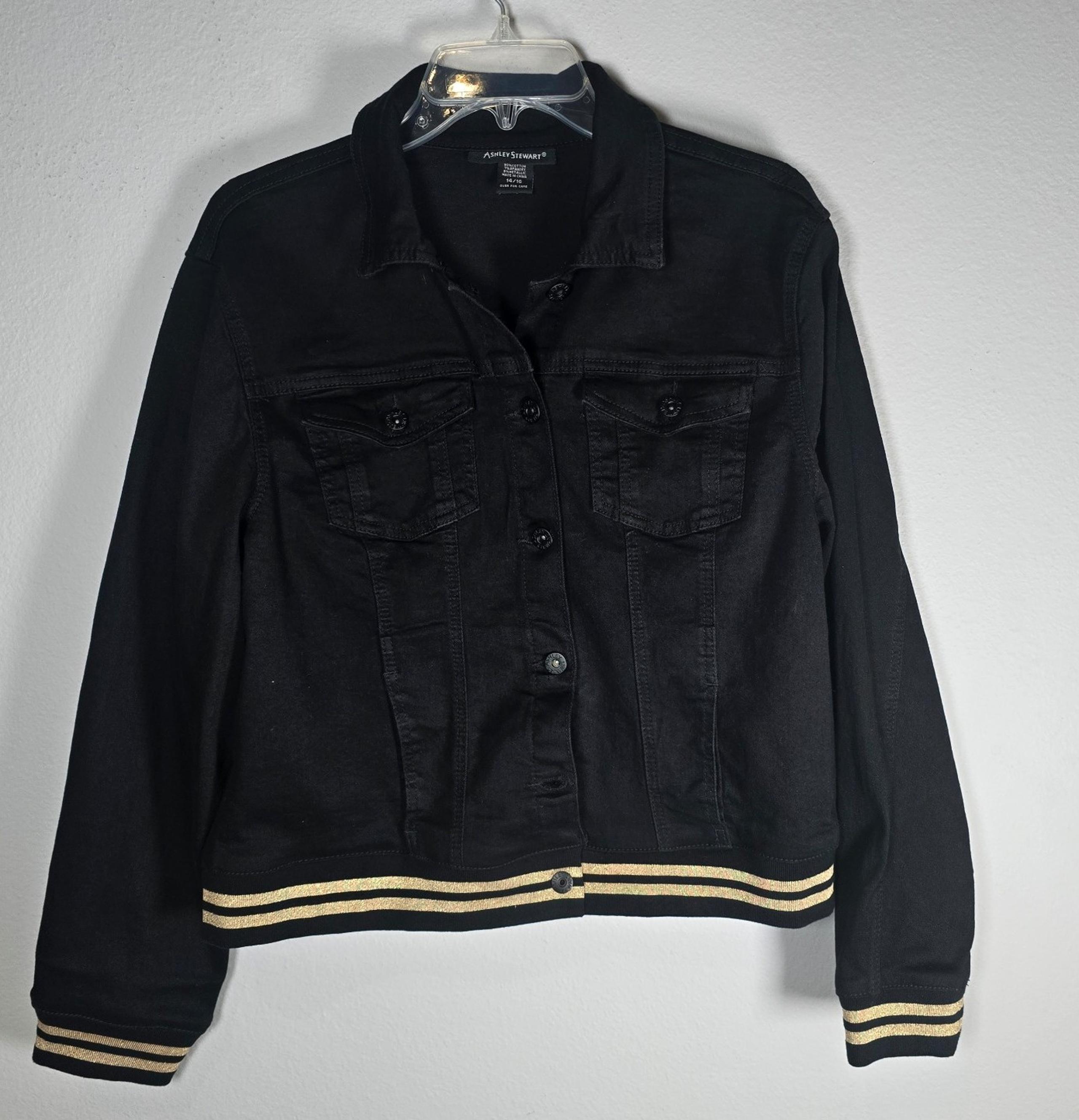 Ashley Stewart Black Denim Jacket Womens Sz 14/16 Stretchy Metallic Striped