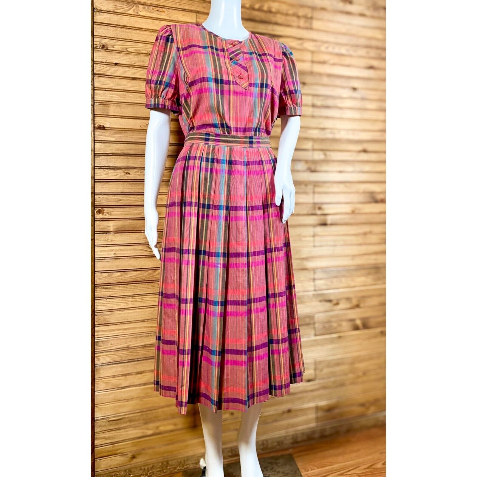 Vintage Rainbow Plaid Gingham Tartan Skirt & Blouse Set - Puff Sleeves - Pleated