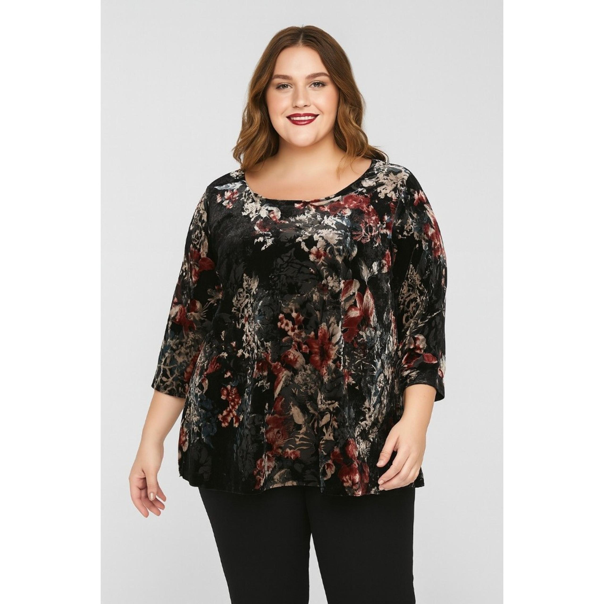 Karen Kane Black Rose Gray Teal Velvet Burnout Tunic Blouse, 2X