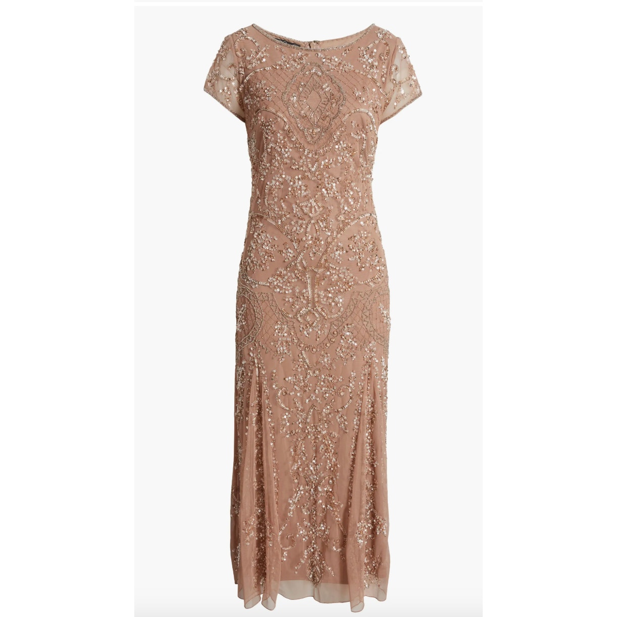PISARRO NIGHTS New Beige Nude Beaded Mesh Midi Cocktail Dress Holiday NWT 4