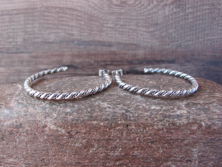 Navajo Indian Genuine Sterling Silver Hoop Earrings