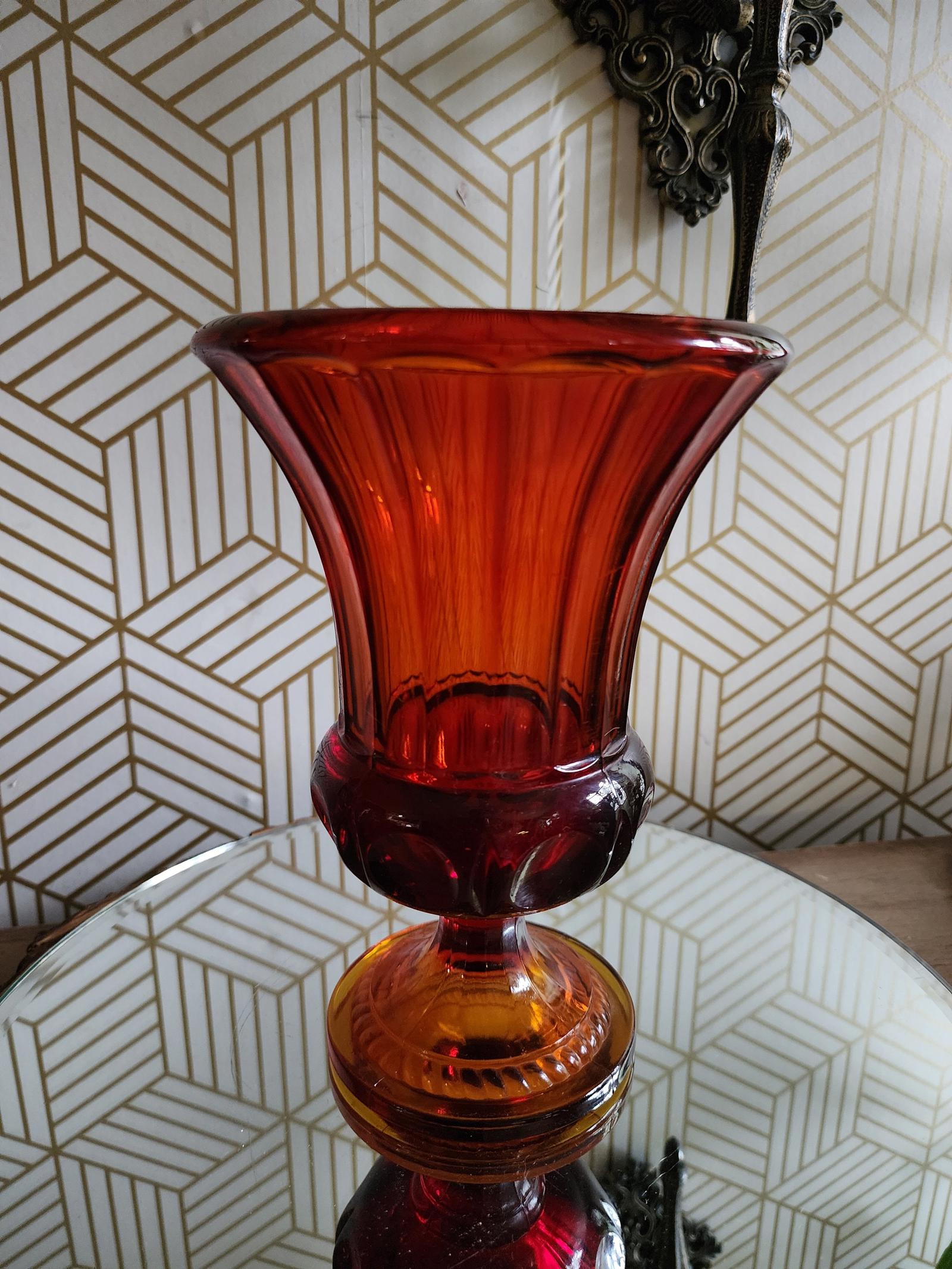 Vintage Indiana Glass Glowing Amberina Thumbprint Pedestal Vase