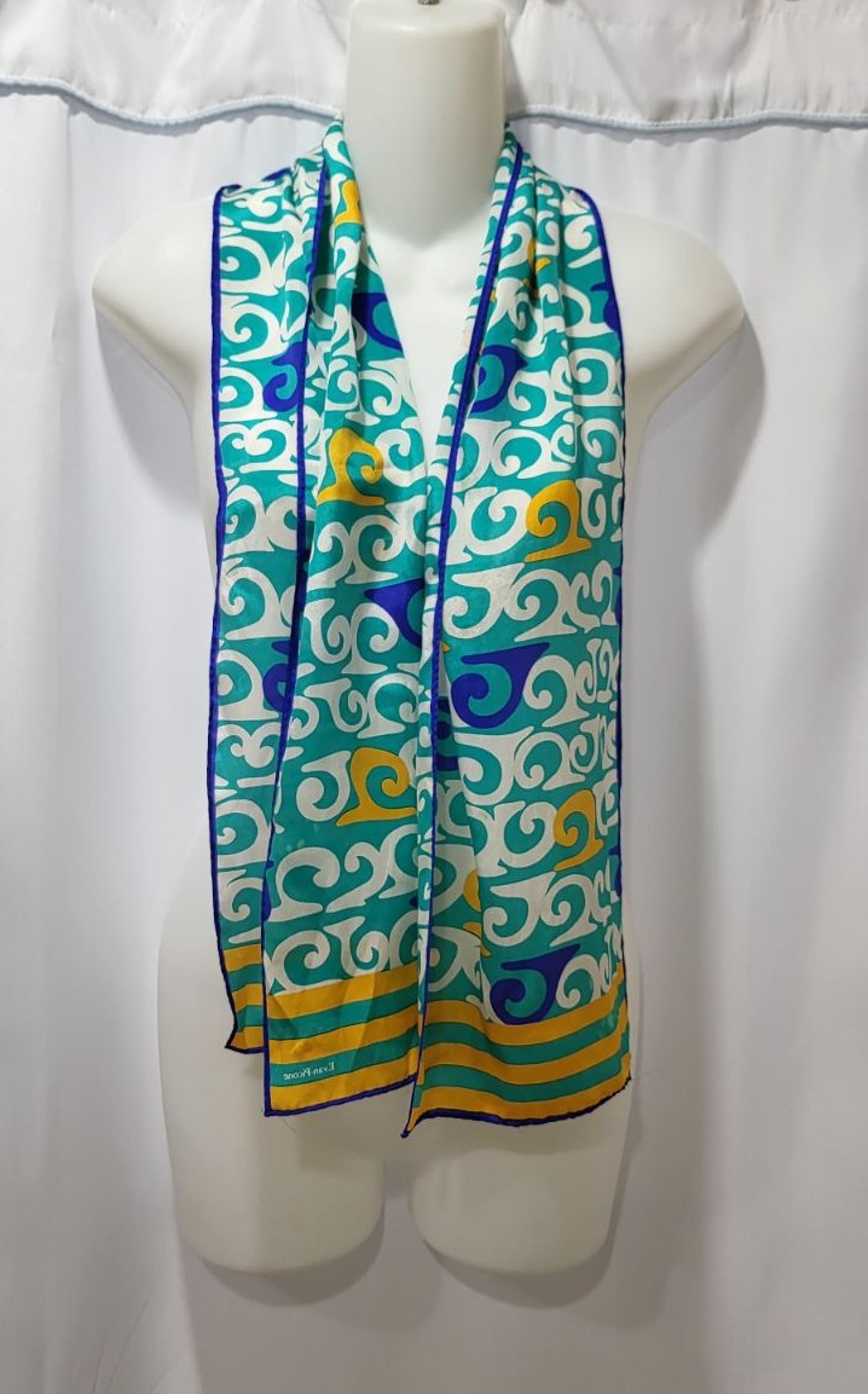 Evan Picone Silk Vintage Scarf blue yellow white waves