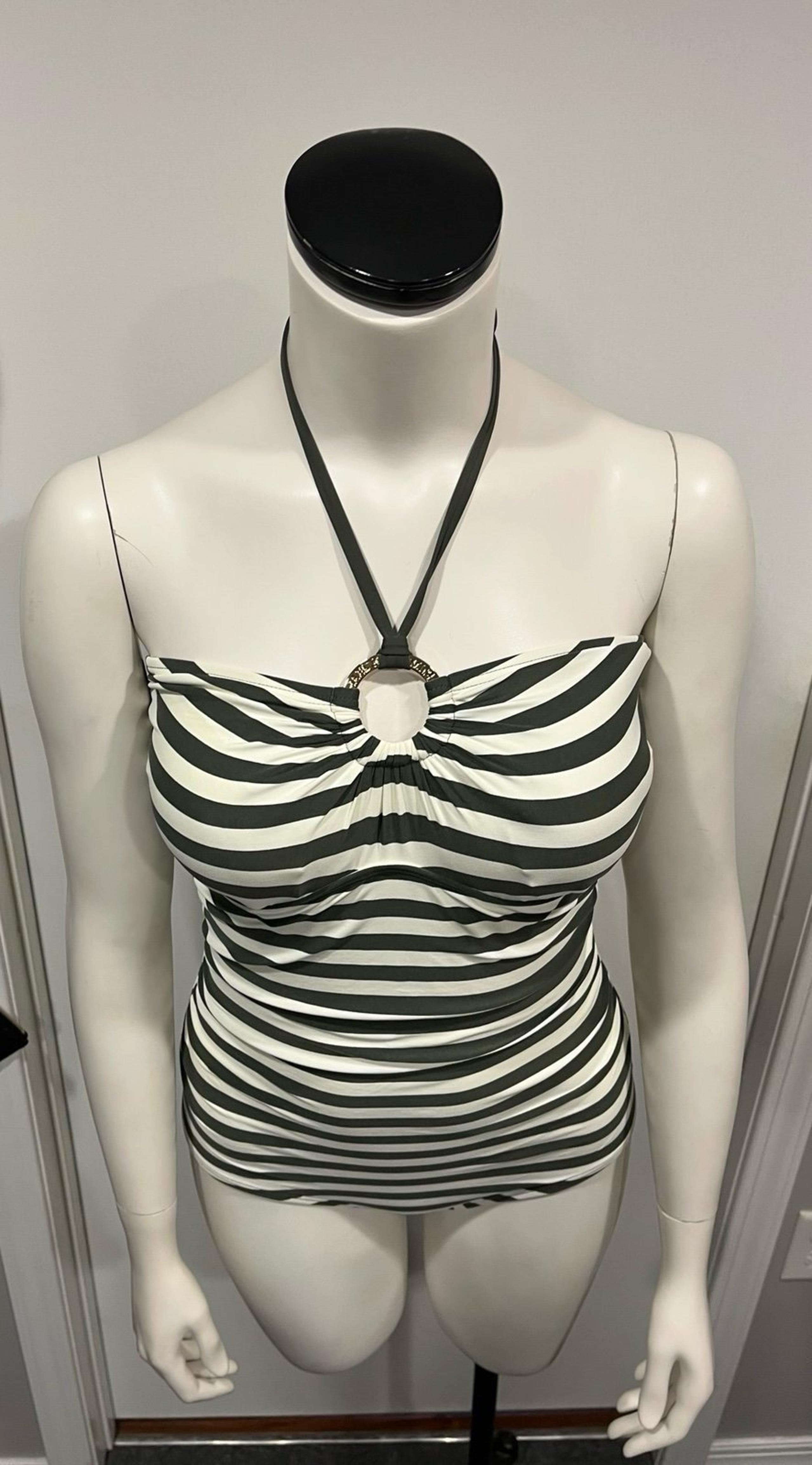 Michael Kors Striped Halter Swimsuit Olive/White Size 10 New!