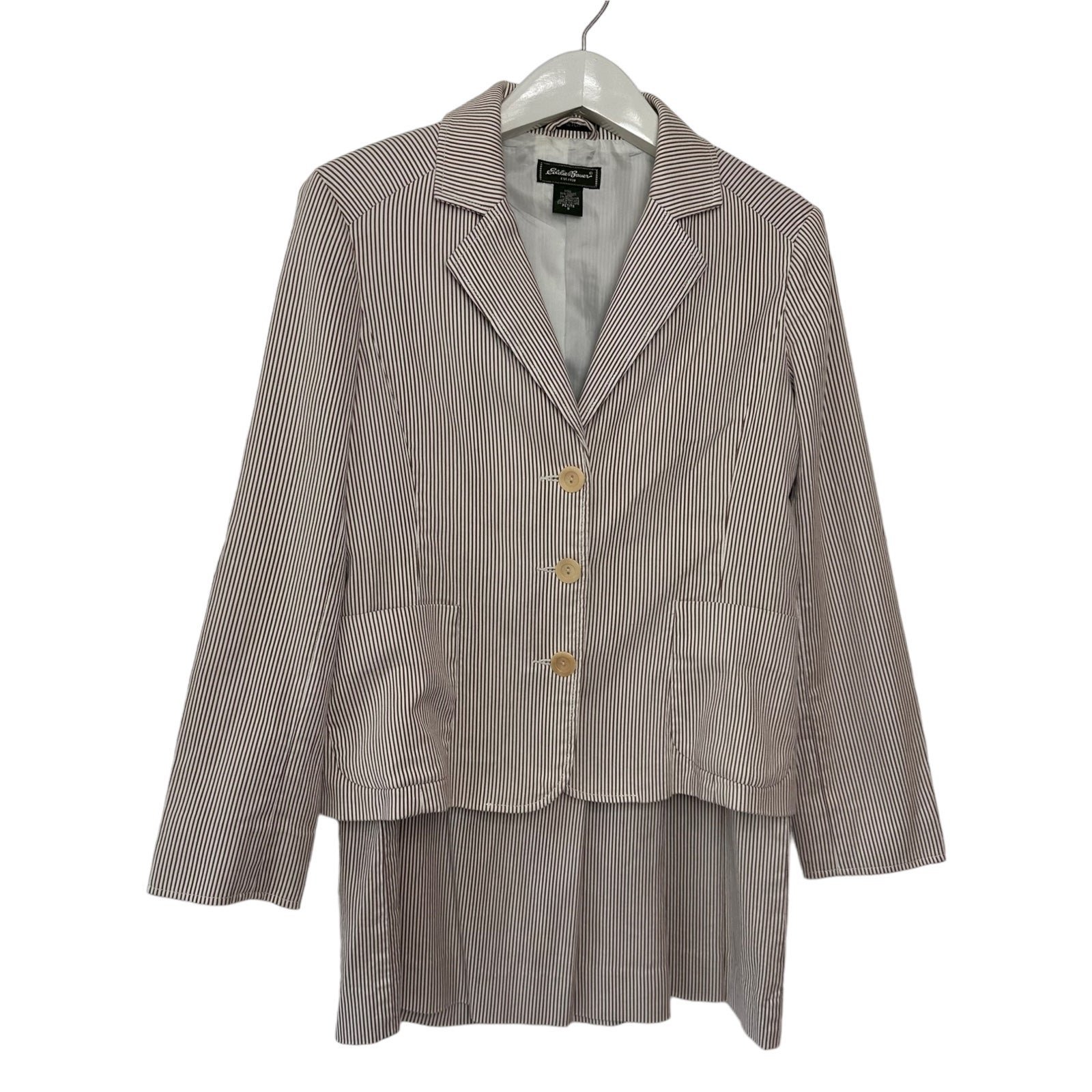 Eddie Bauer stretch tan + white pinstriped skirt & blazer suit size 8