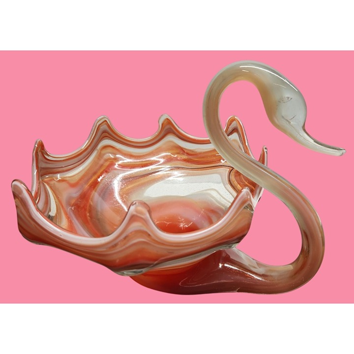 VTG Murano Style Art Glass Swan Bowl With Ruffled Edge Red & White Swirl Design