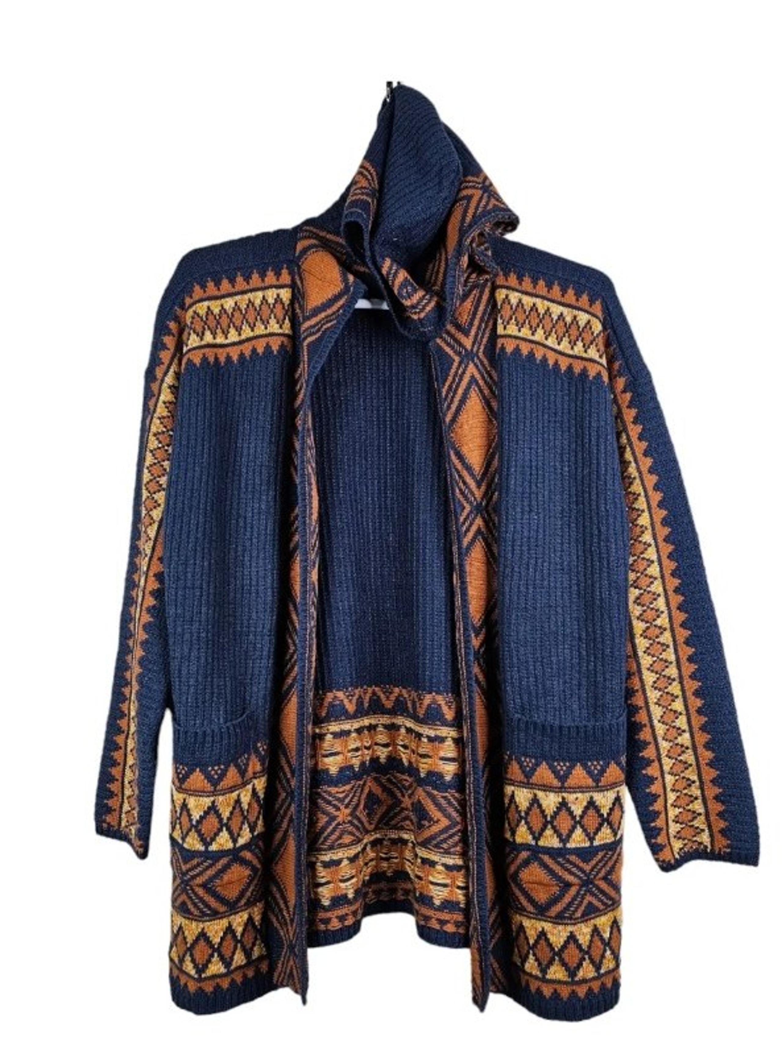 Lucky Brand Cardigan Womens XL Long Open Boho Heritage Hooded Blue Sweater