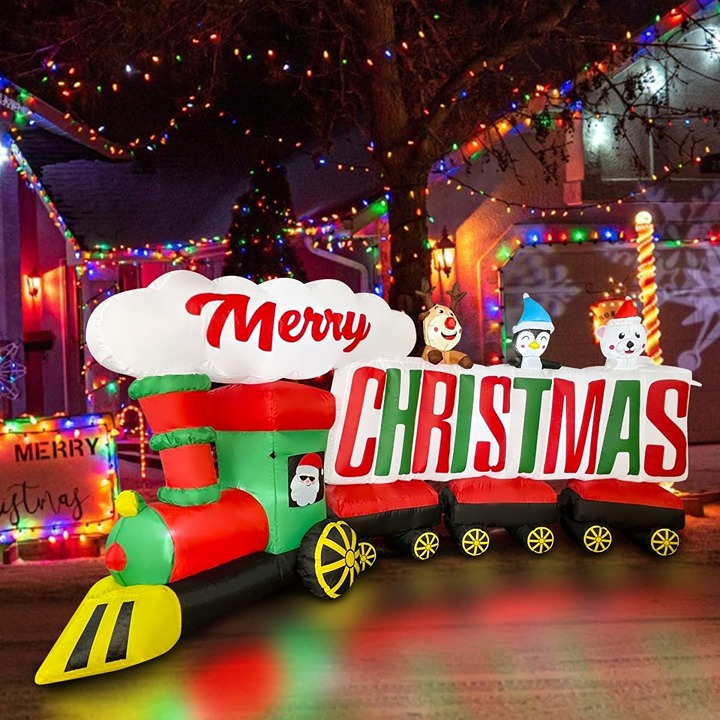 9ft Inflatable Santa Train with Penguin Reindeer Bear Decorations