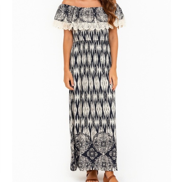 Me 2 Magic Anthropologie Maxi Boho Off Shoulder Maxi Dress Size Medium Navy