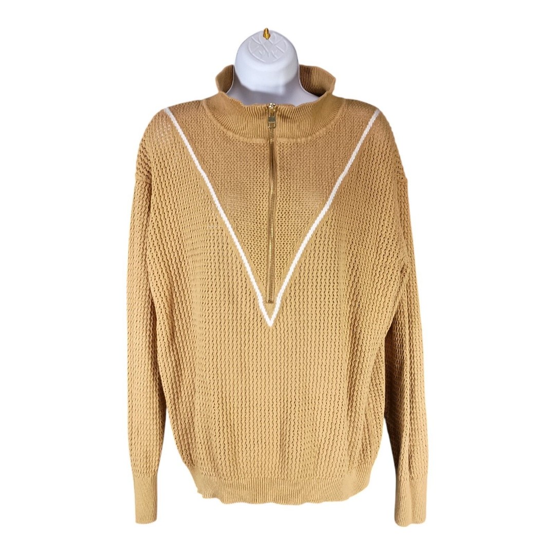 VARLEY Calva Knit Quarter Zip Polo Shirt Sweater Tan Summer Honeycomb Large