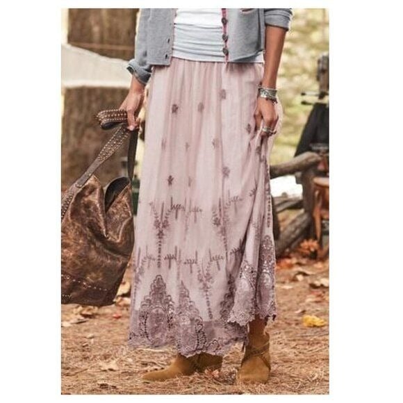 SUNDANCE Pink Embroidered Boho Tulle Maxi Skirt