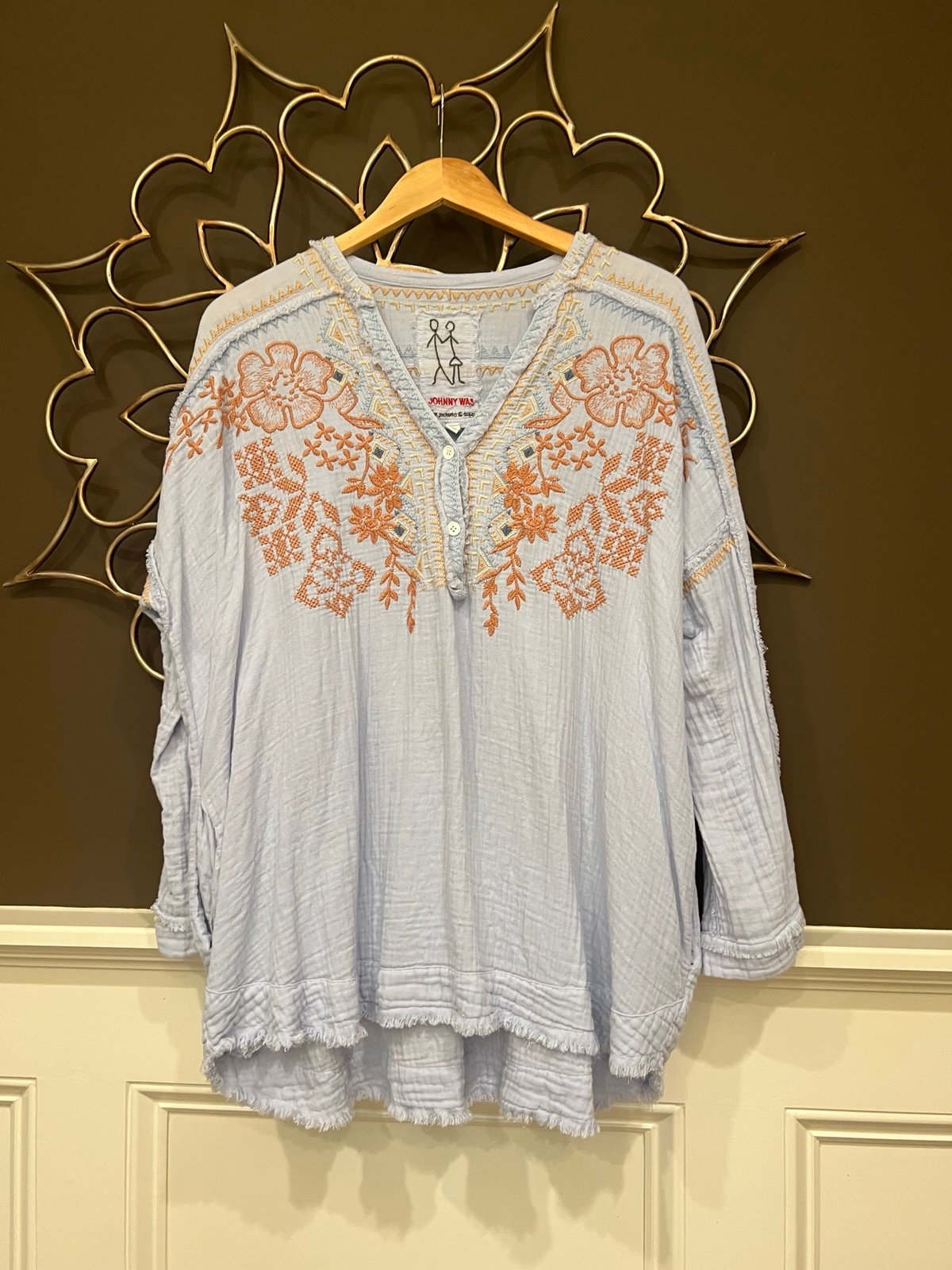 Johnny Was Embroidered Light Blue Top Blouse - Oversized Small