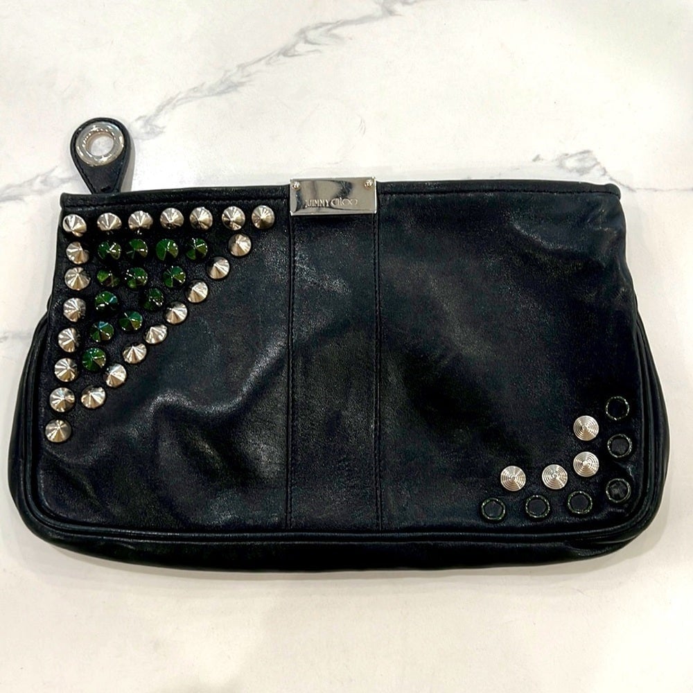 JIMMY CHOO black leather silver pointy studs metallic black/green stud clutch