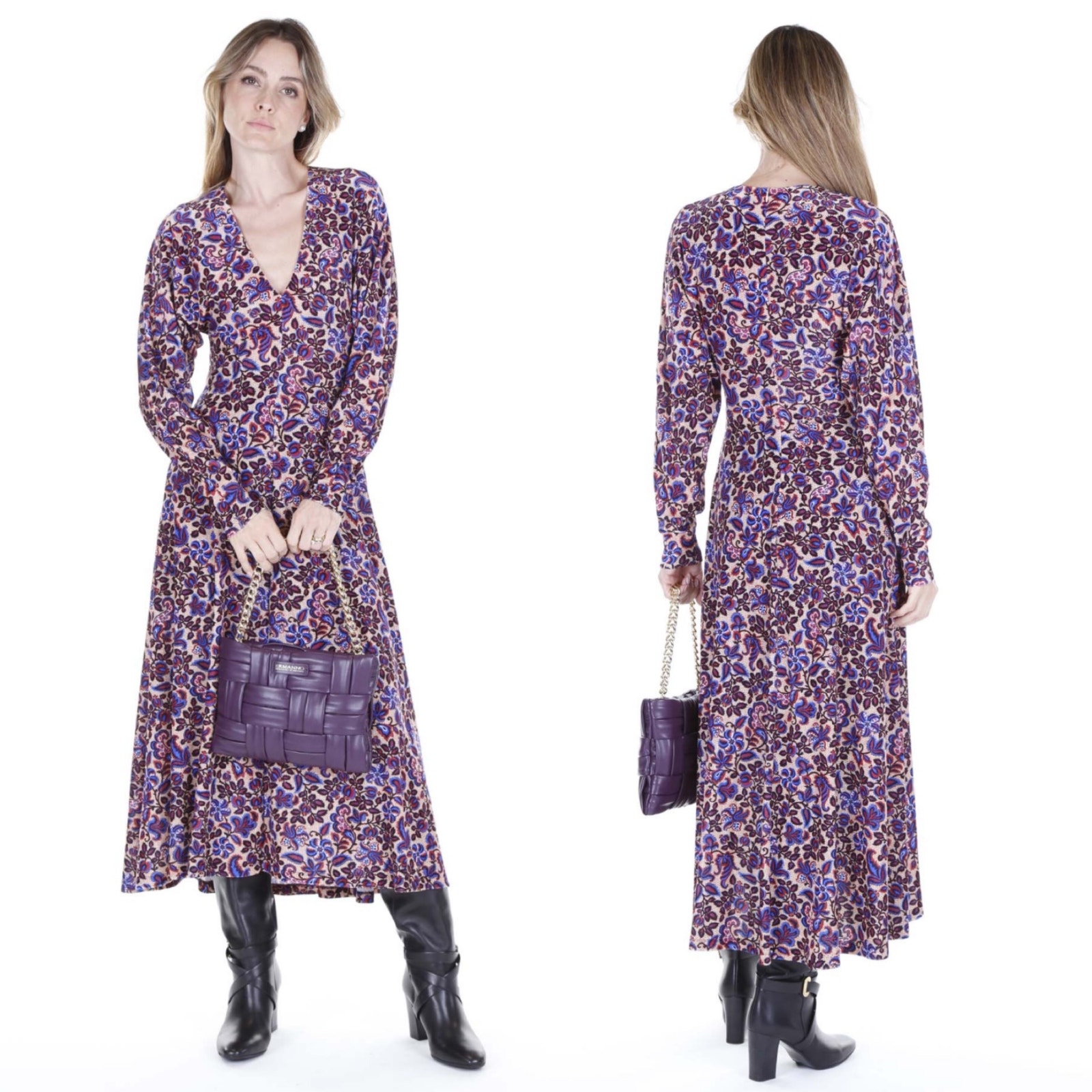 LA Double J V-Kenny Velvet Stretch Dress Ortica Floral V-Neck Long Sleeve Sz S