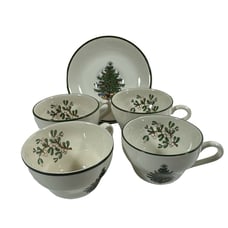 Cuthbertson Original Christmas Green Band Tea Cup Saucer Set Of 4 England