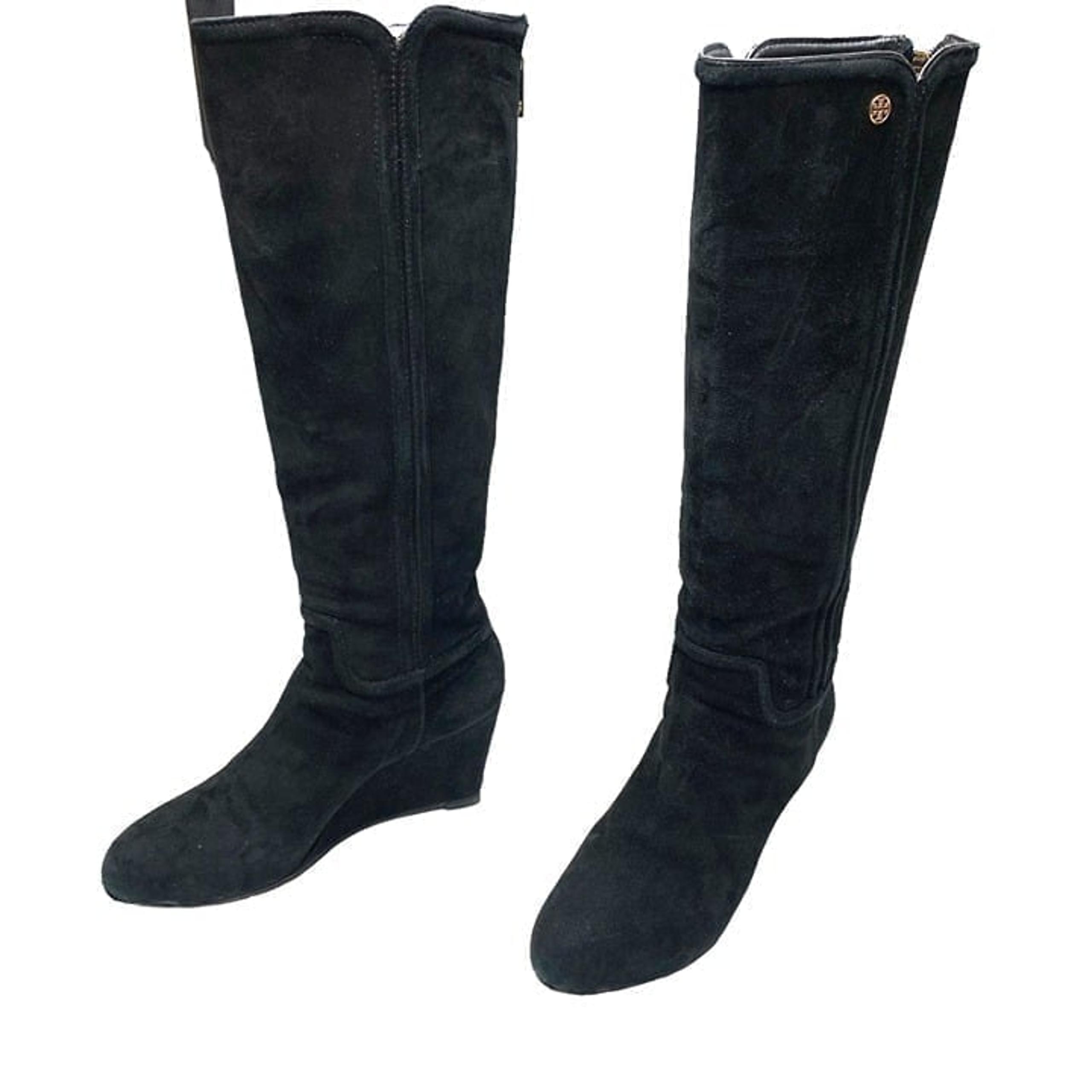TORY BURCH Irene Black Suede Round Toe Rear Zip Wedge Tall Boots