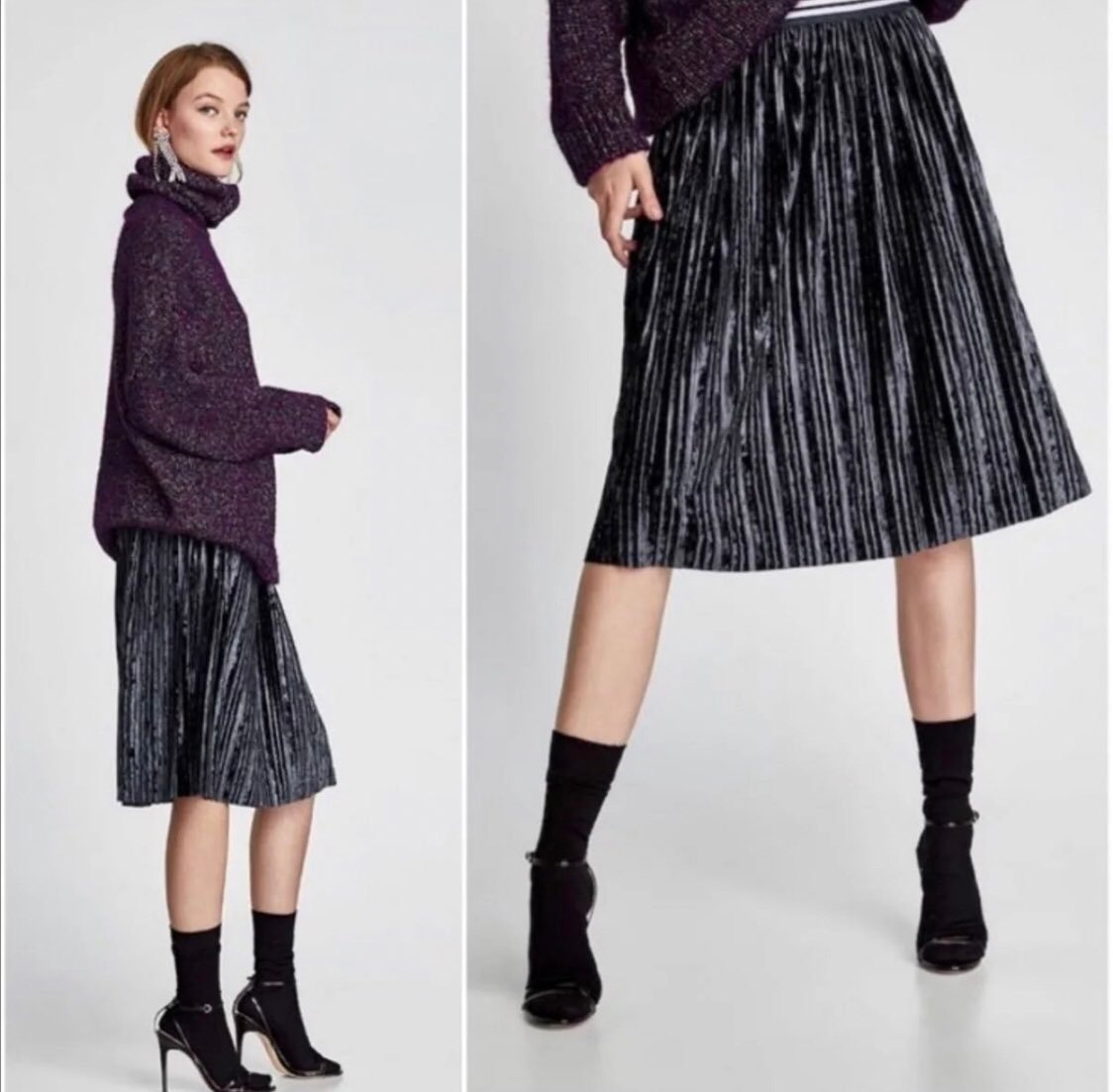 Zara Velvet Velour Plead MIDI Skirt Blue Size S NEW