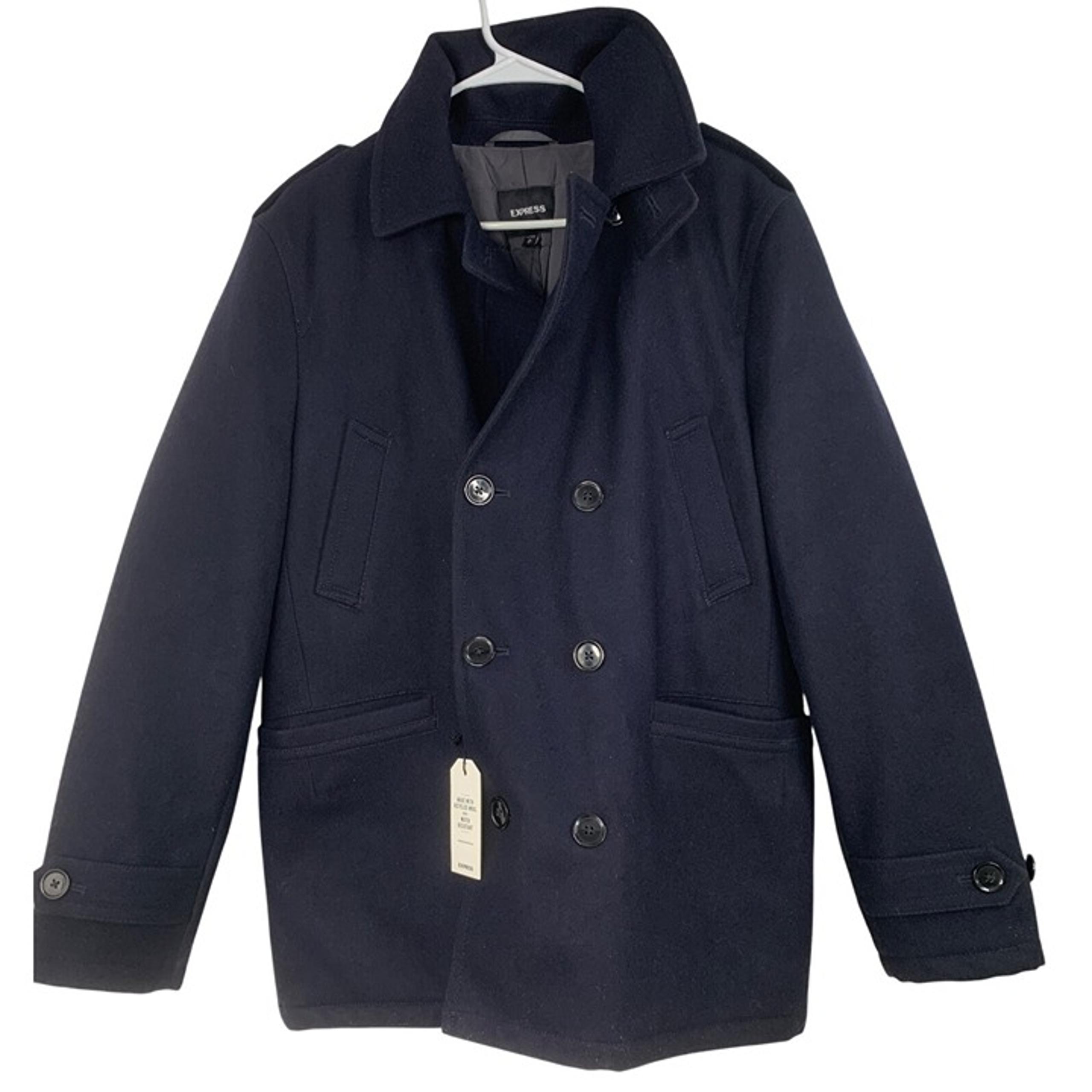 New Express Mens Navy Wool Pea Coat Double-Breasted M RR10270 Waterproof