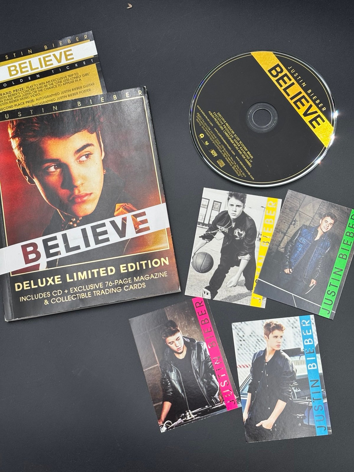 Justin Bieber Believe CD , 76 Page Magazine and Collectible Trading Cards