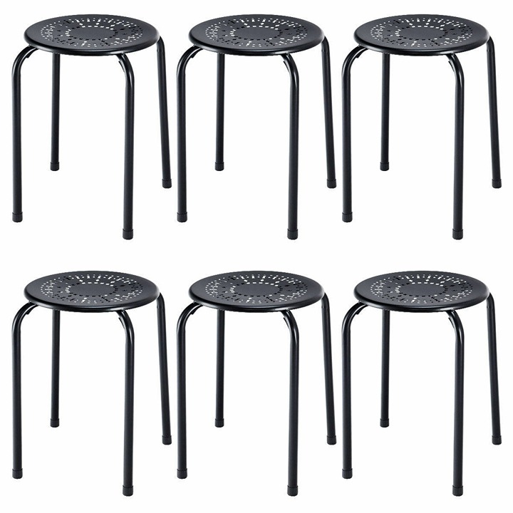 Set of 6 Stackable Metal Stool Set Daisy Backless Round Top Kitchen Black