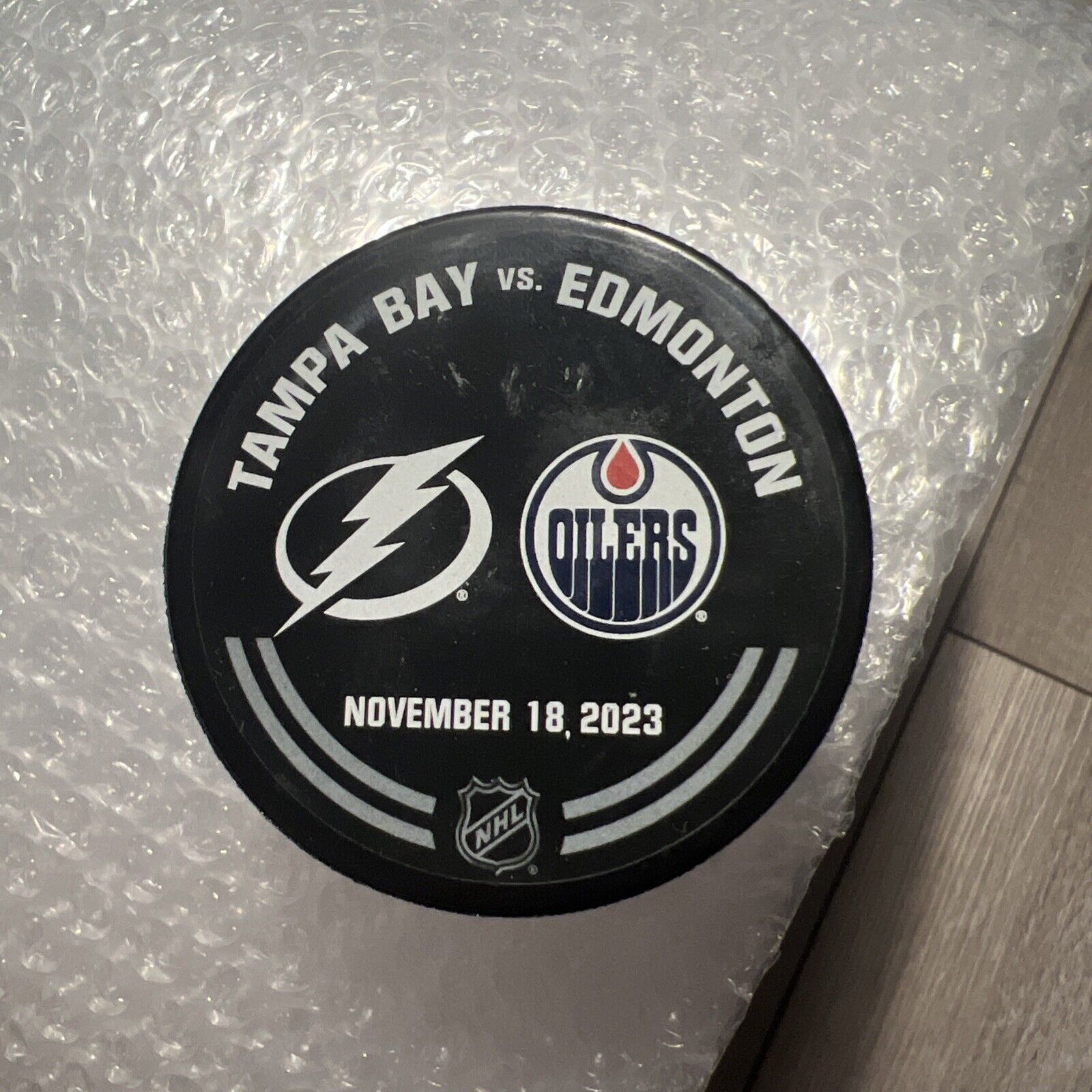 EDMONTON OILERS vs TAMPA BAY LIGHTNING USED Warm-Up Puck 11/18/2023 Game NHL