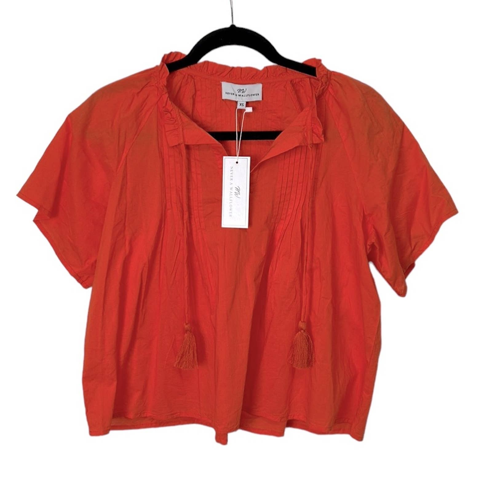 Never A Wallflower High Neck Top Fire Orange with tassels women’s size XS NWT