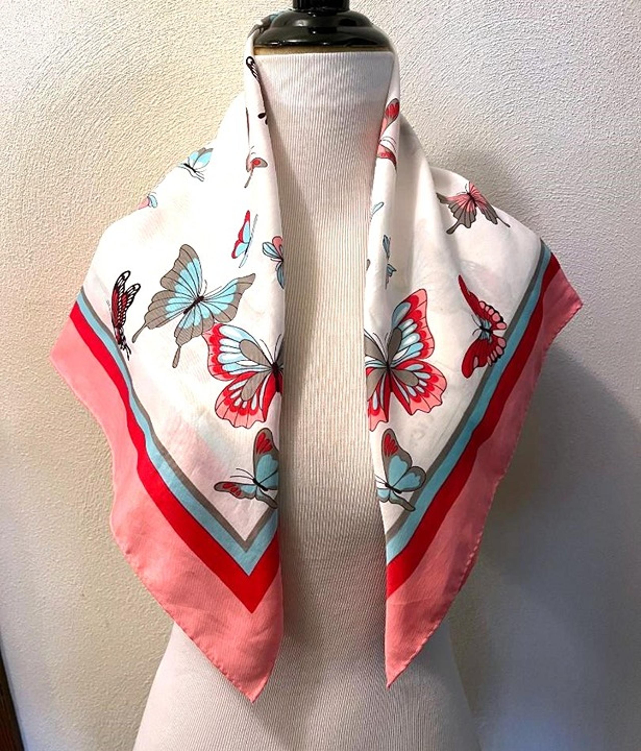 Beautiful Joli Ciel Butterfly print hand roll edge scarf pinks blues gray 27" sq
