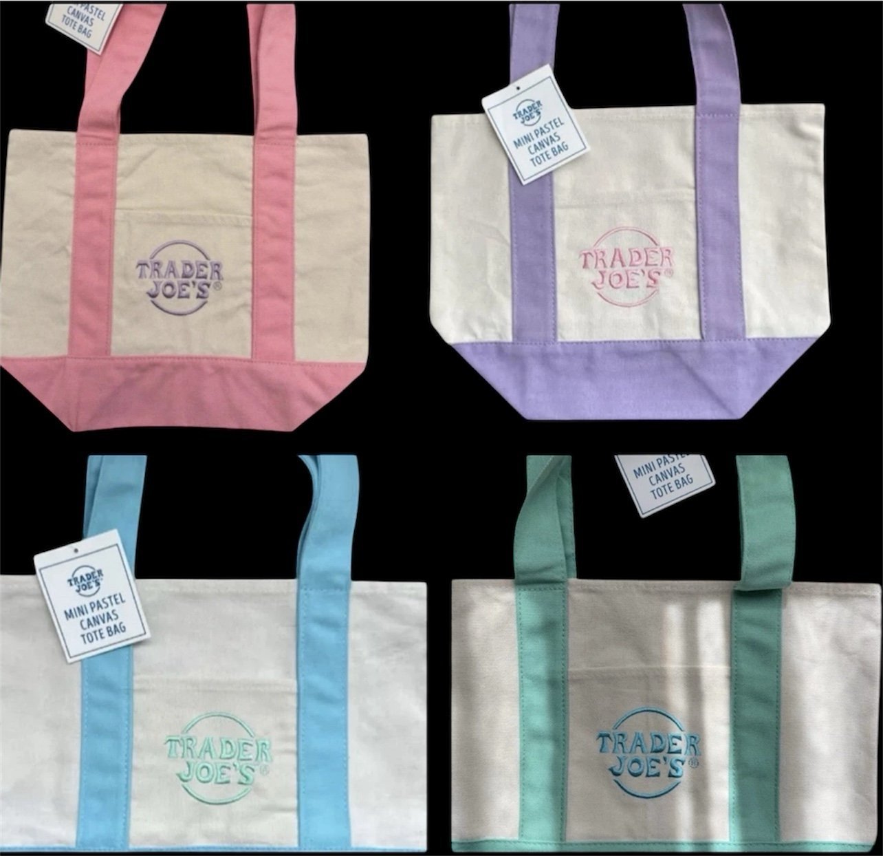 Trader Joes Mini Pastel Canvas Tote Bag 4 Piece Set NEW!