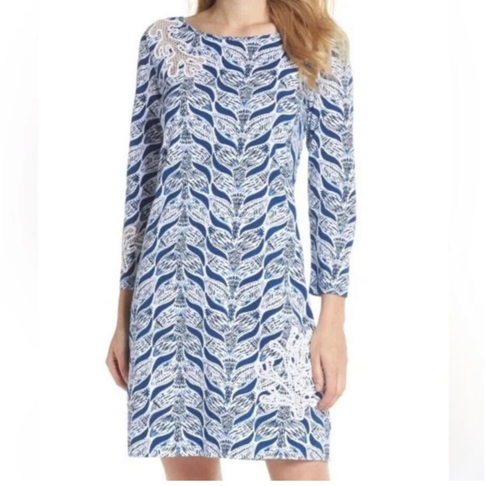 Lilly Pulitzer Marlowe Shift Dress Blue Lace A Mermaid's Tail 3/4 Sleeve Size L