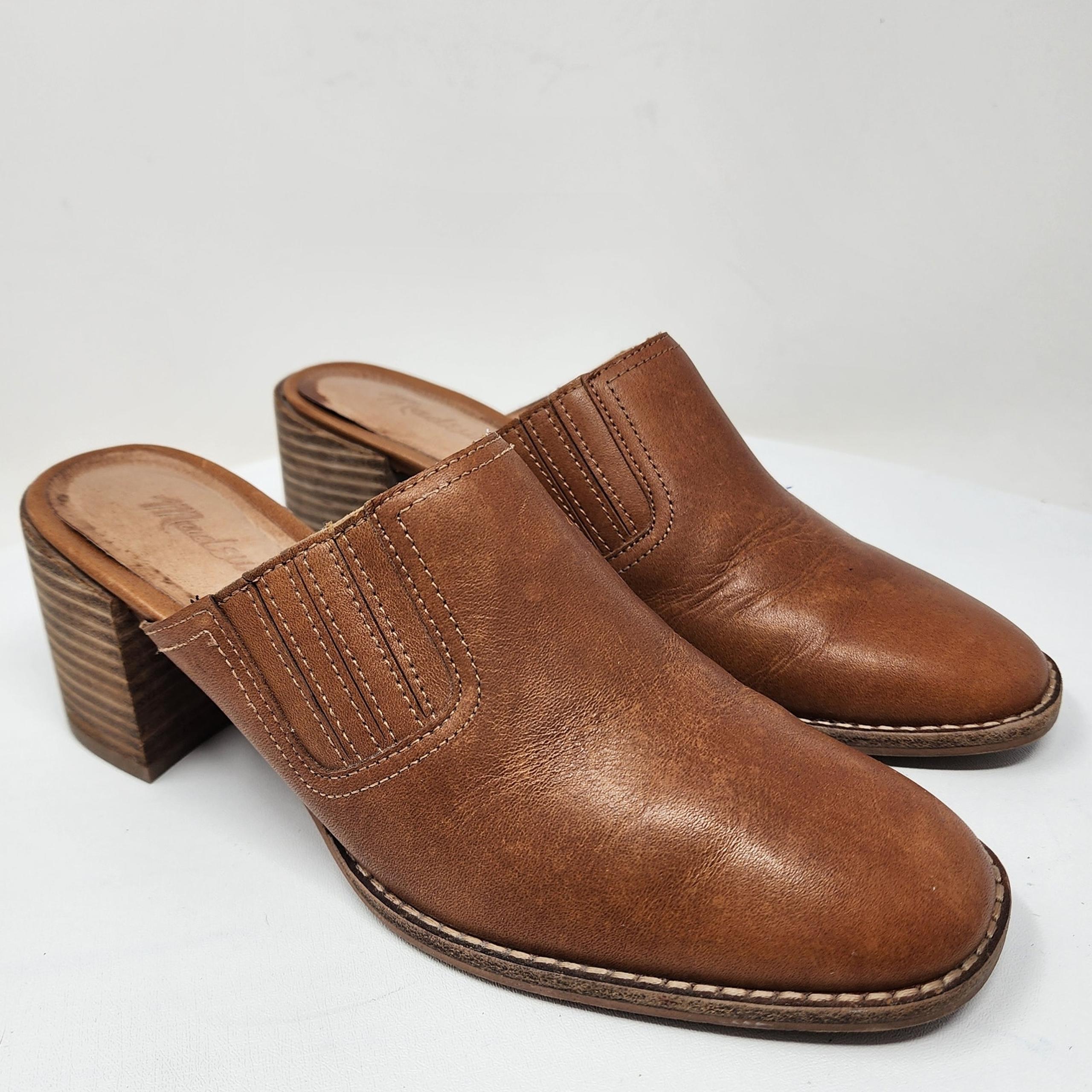 Madewell Carey Mules Women 6 Cognac Brown Leather Slip On Stacked Heel AH759