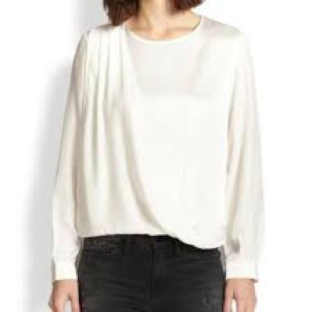 FRAME Drape Front Long Sleeve Silk Charmeuse Business Casual Blouse Ivory XS