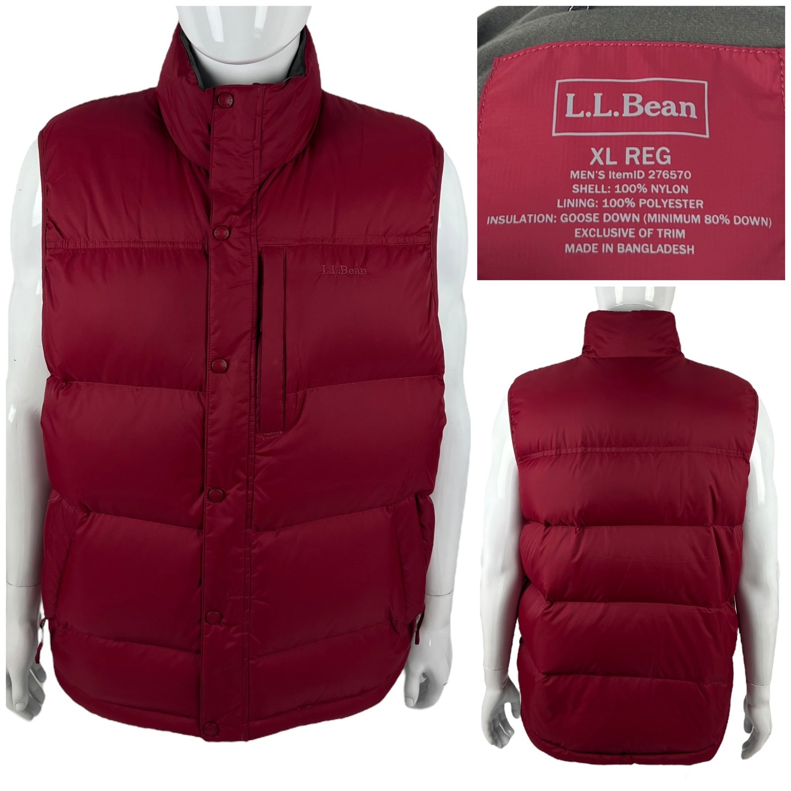 LL Bean Mens XL Vest Goose Down Red Puffer Zipper Snap Embroidered Logo