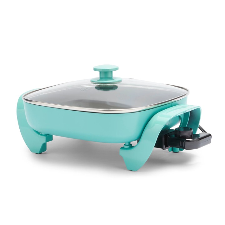 Nonstick Square Electric Skillet with Glass Lid, 12 Inches, Teal-gic588
