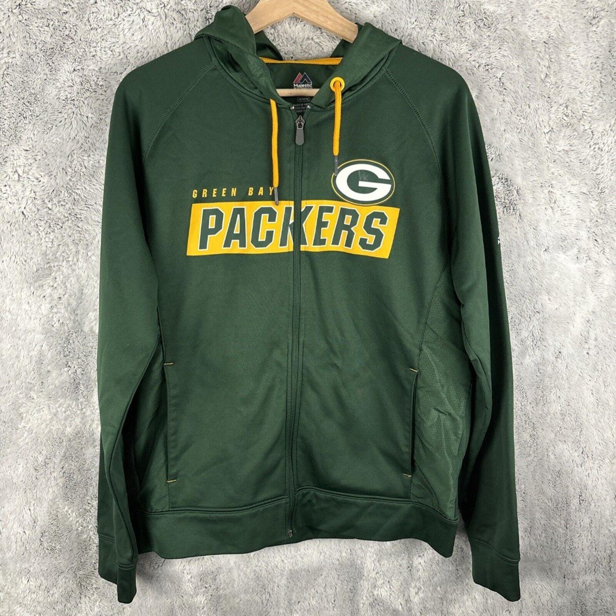 Majestic Green Bay Packers Mens Med Green Full Zip Therma Base Jacket With Hood