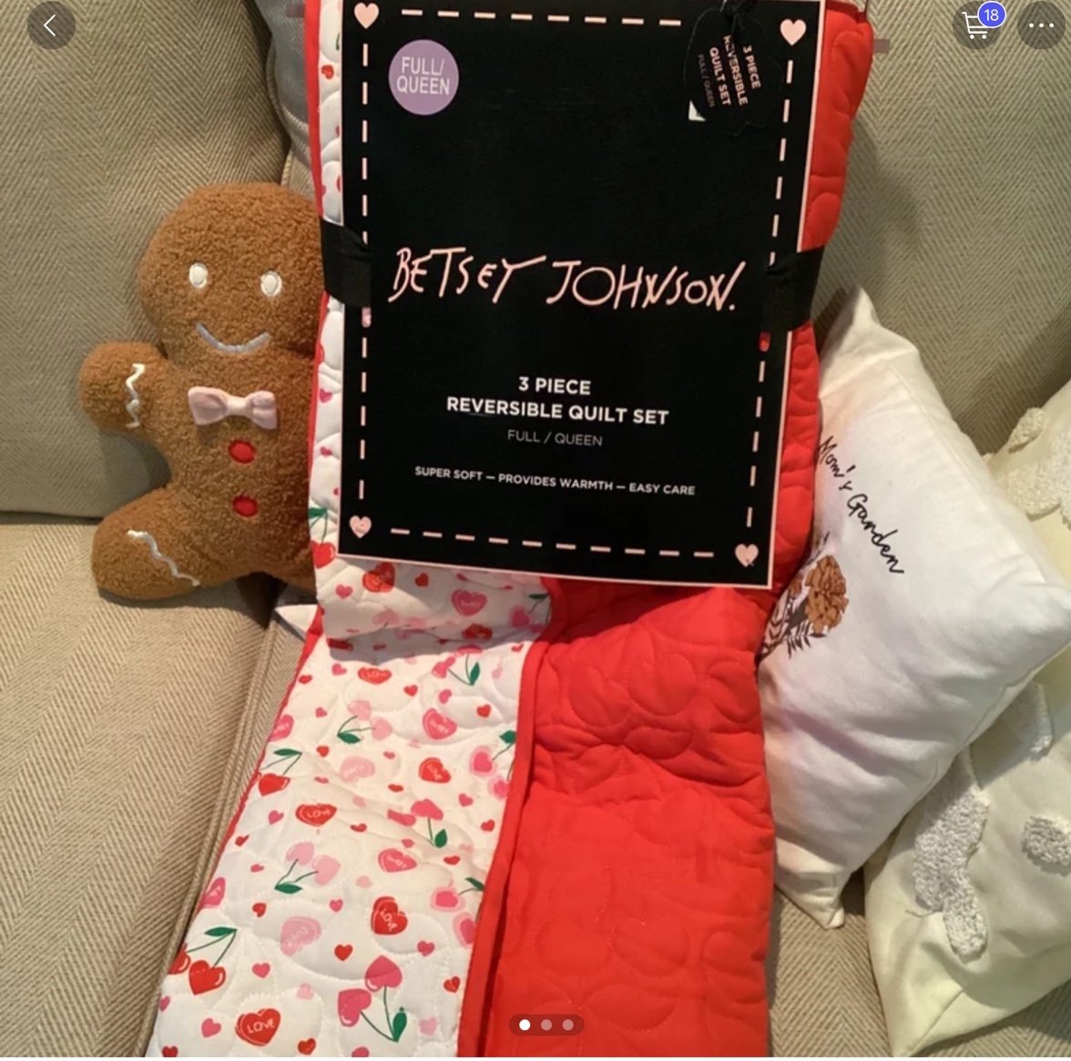 ❤️❤️ Betsy Johnson valentines reversible 3 piece quilt set size full/queen NWT