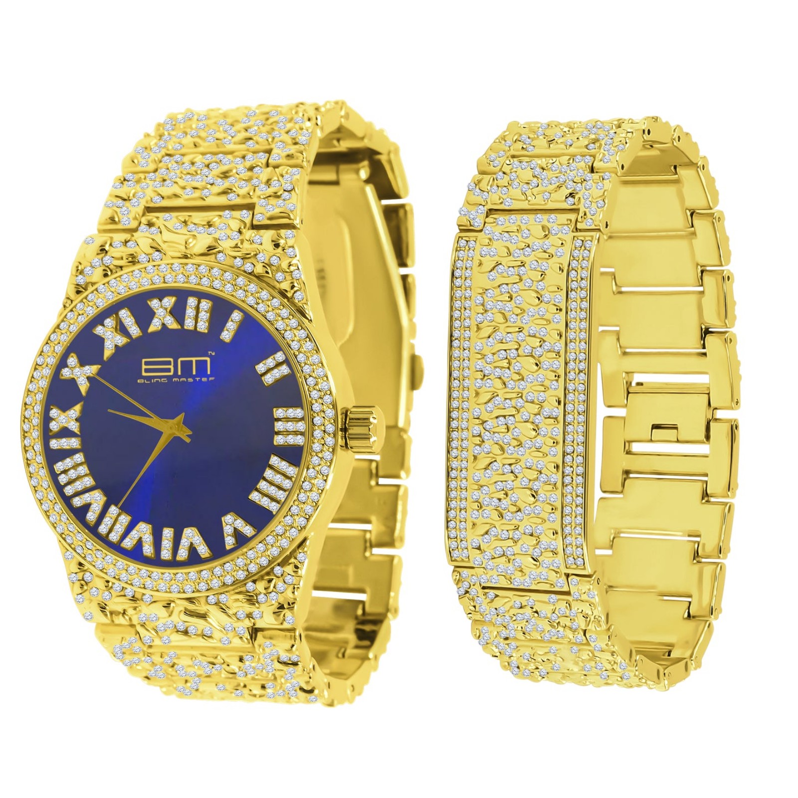 Men's gold blue face watch bracelet set
