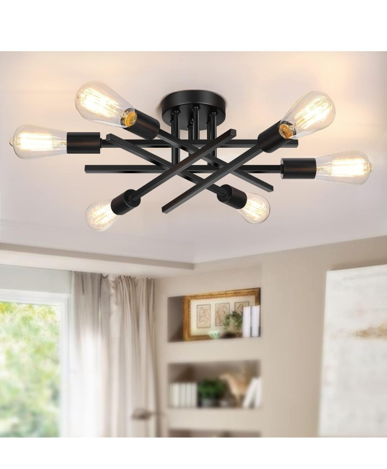 6-Light Black Vintage Farmhouse Sputnik Chandelier with E26 Base
