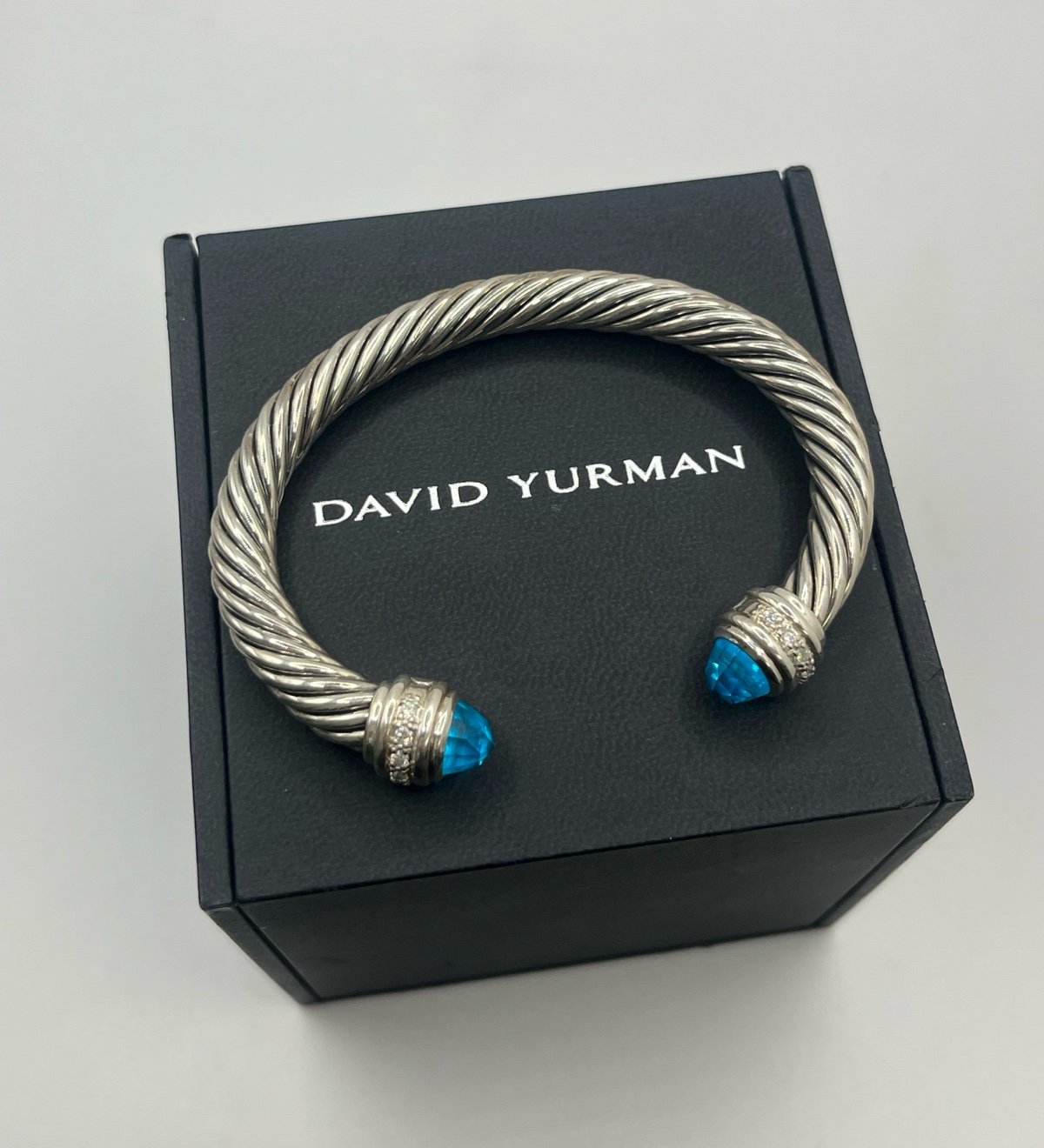 David Yurman Blue Topaz & Diamonds Sterling Silver 7mm Cuff Cable Bracelet