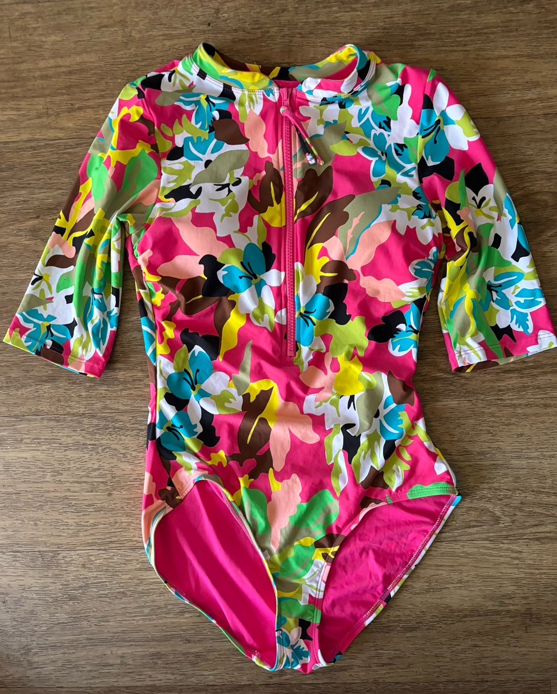 Anne Cole Floral One Piece Short Sleeve Half Zip Rash Guard UPF 50 Swimsuit Sz 6